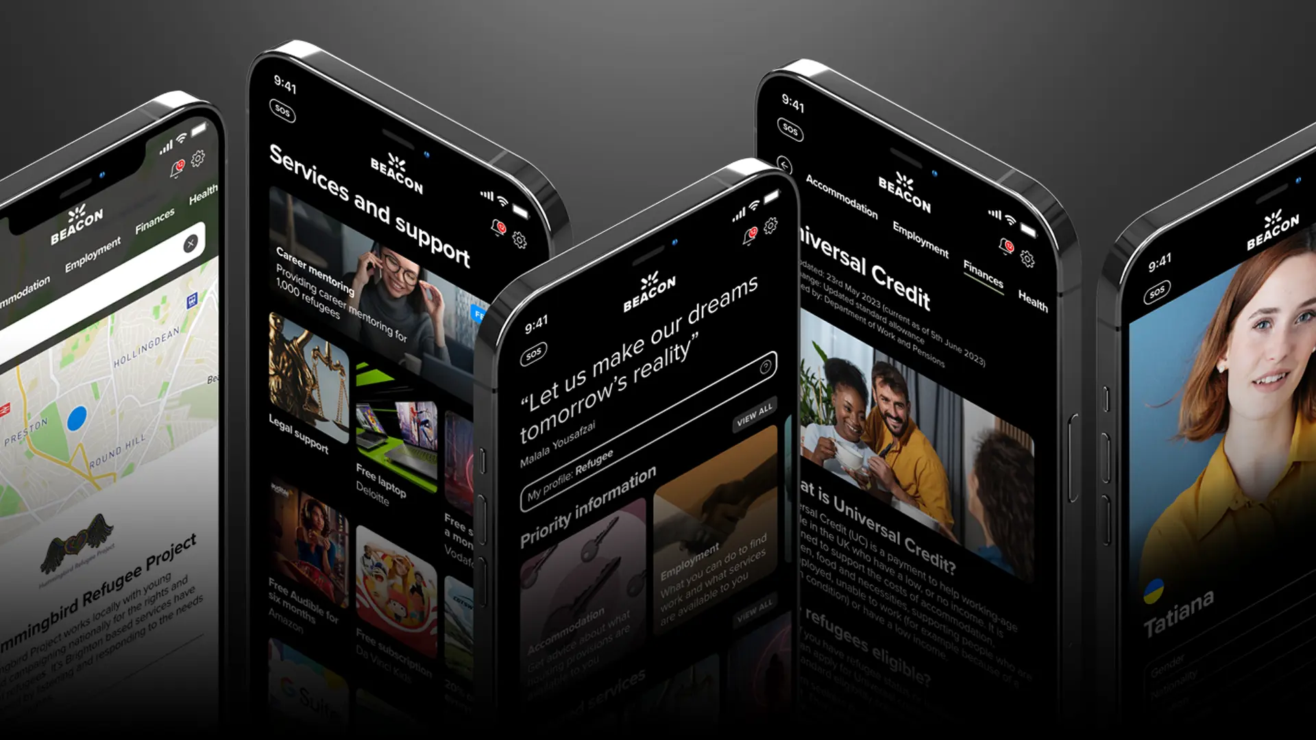 Multiple smartphones displaying different screens from the Beacon refugee support app