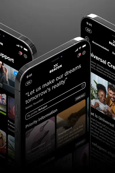 Multiple smartphones displaying different screens from the Beacon refugee support app